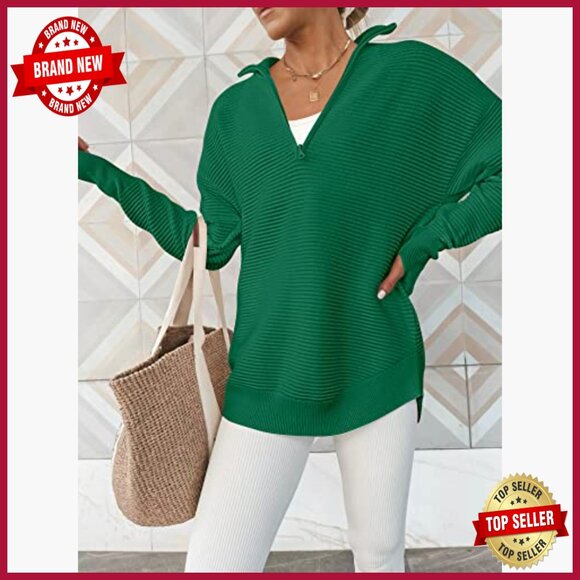 Long Sleeve Quarter Zip Pullover Sweater Ribbed Knit Thumb Hole Loose Fit - Picture 3 of 7